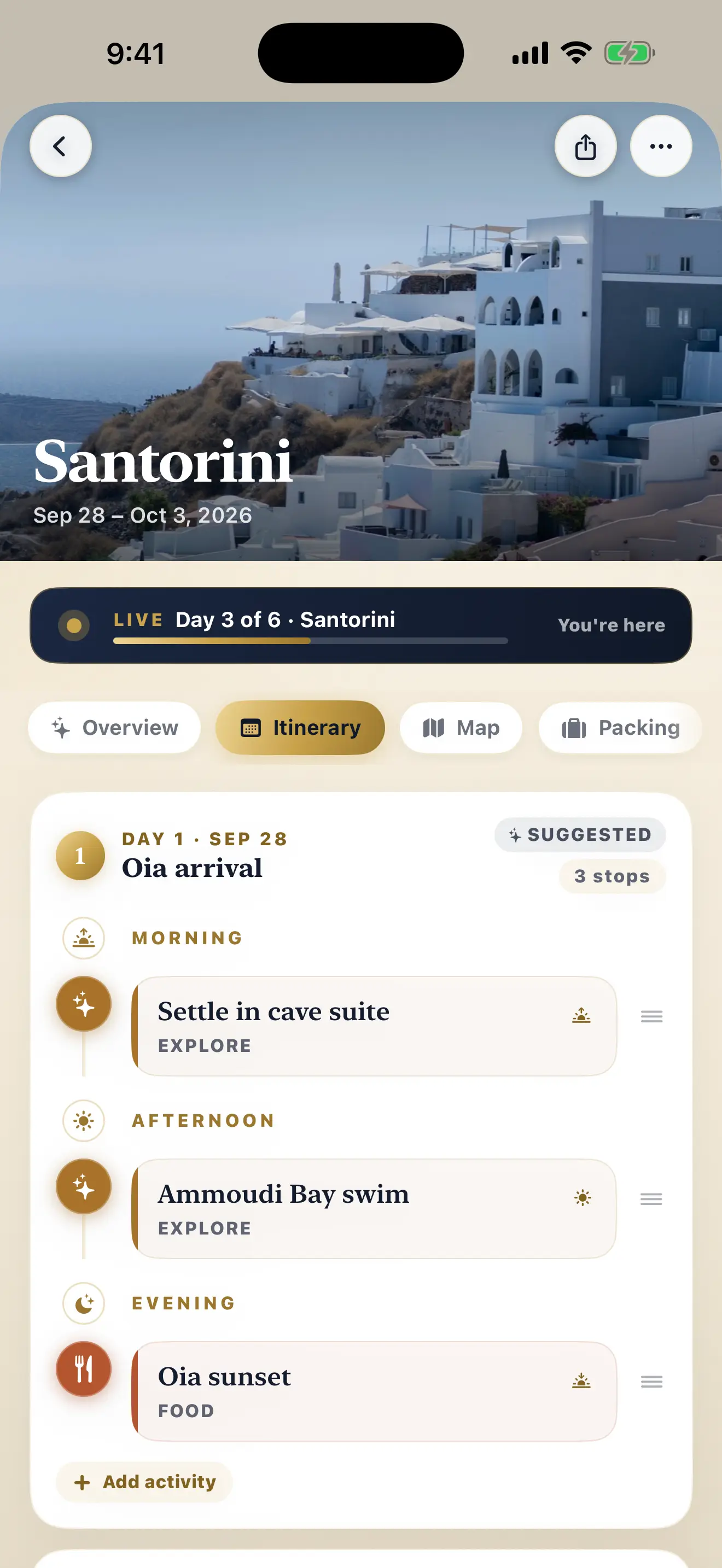 RAAHII itinerary for day 1 in Oia, Santorini, with morning, afternoon and evening stops
