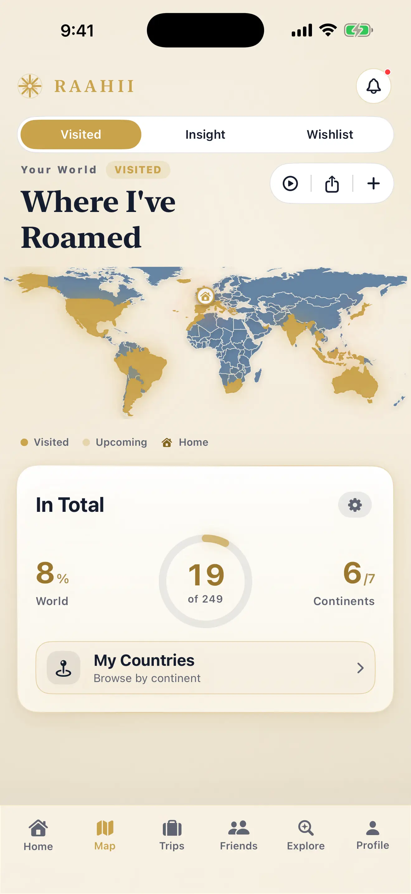 RAAHII map screen with visited countries lit gold