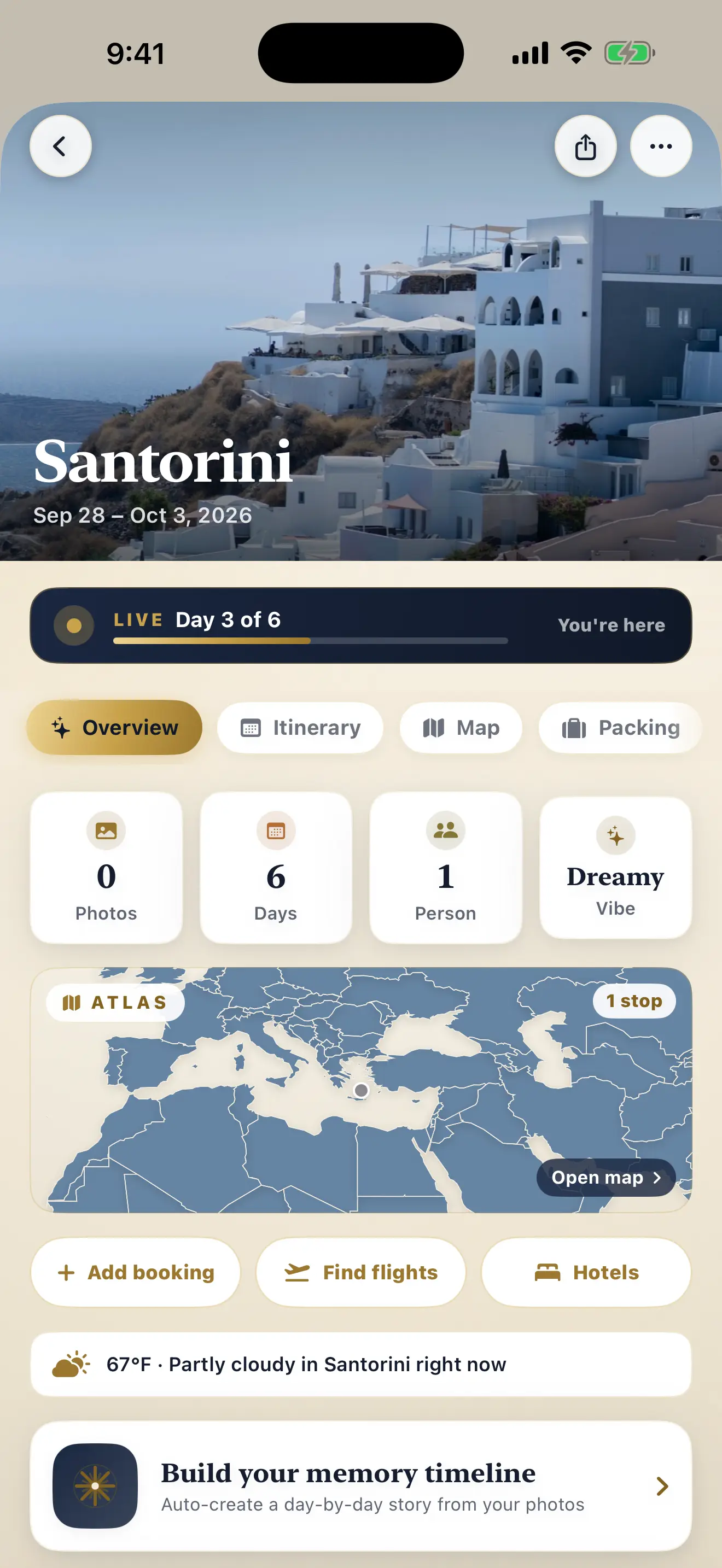 RAAHII trip screen for Santorini with dates, a live day counter and trip tabs